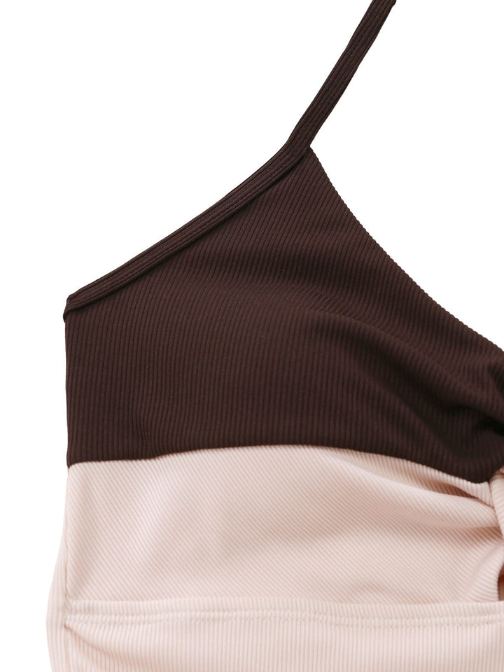 Brown &amp; Pink 1940s Color-Block Ruffled High-Waisted Swimsuit - vintage swimsuit, pin-up style