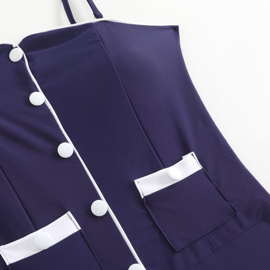 Dark Blue 1940s Button Spaghetti Strap One-piece Swimsuit - vintage swimsuit, pin-up style