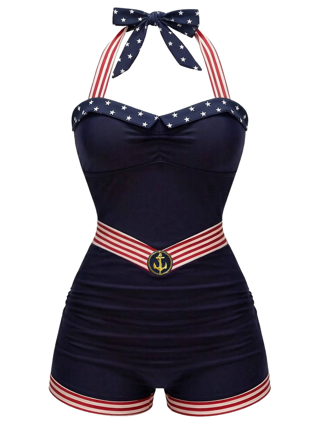 Navy Blue 1940s Lace-up Patchwork One Piece Swimsuit - vintage swimsuit, pin-up style