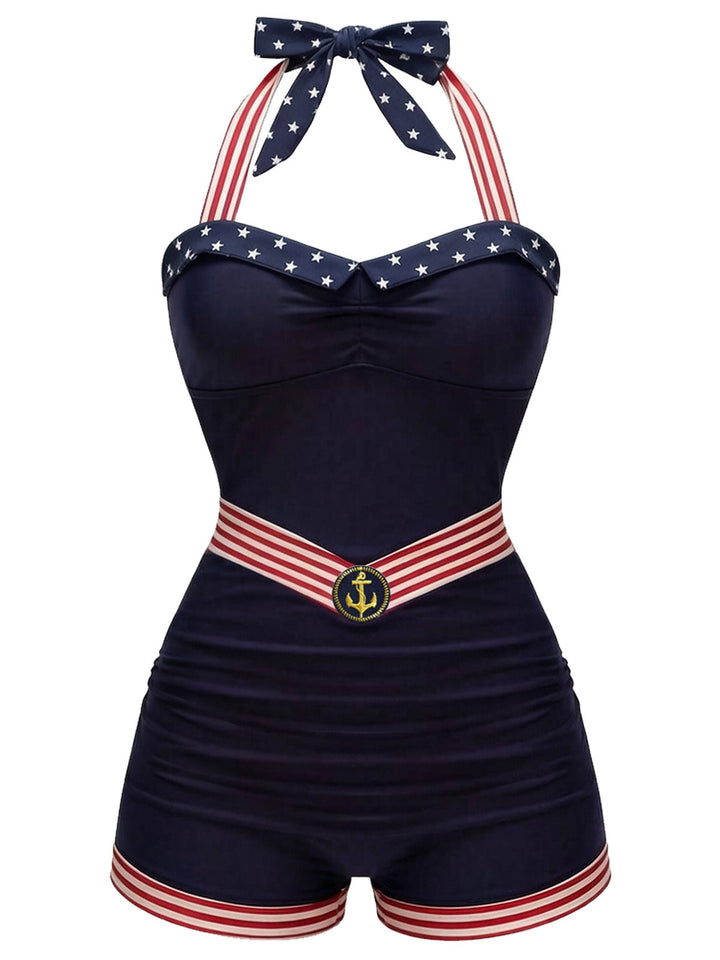 Navy Blue 1940s Lace-up Patchwork One Piece Swimsuit - vintage swimsuit, pin-up style