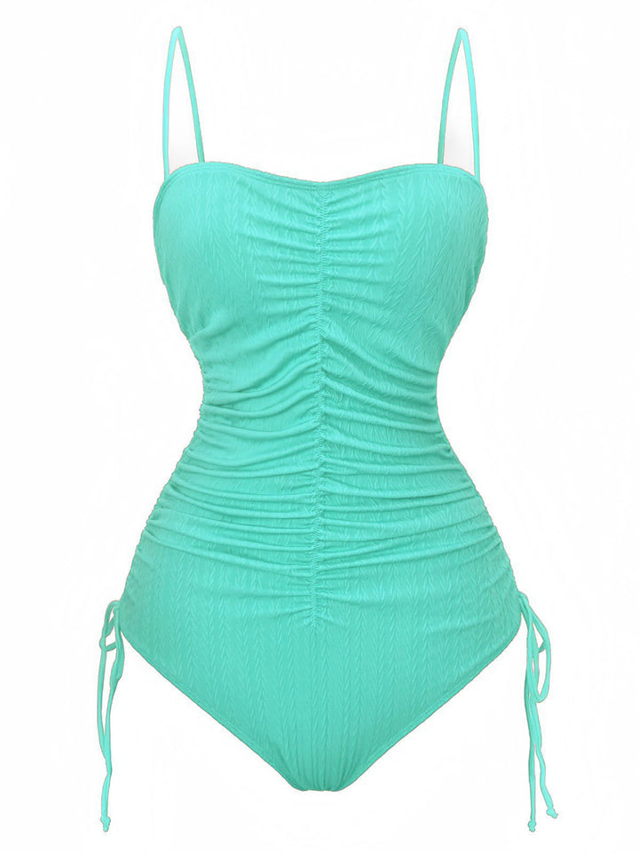 1940s Solid Ruched Spaghetti Strap One-Piece Swimsuit - vintage swimsuit, pin-up style