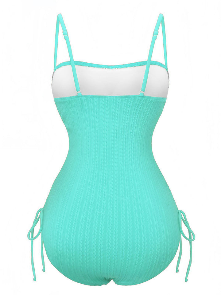 1940s Solid Ruched Spaghetti Strap One-Piece Swimsuit - vintage swimsuit, pin-up style