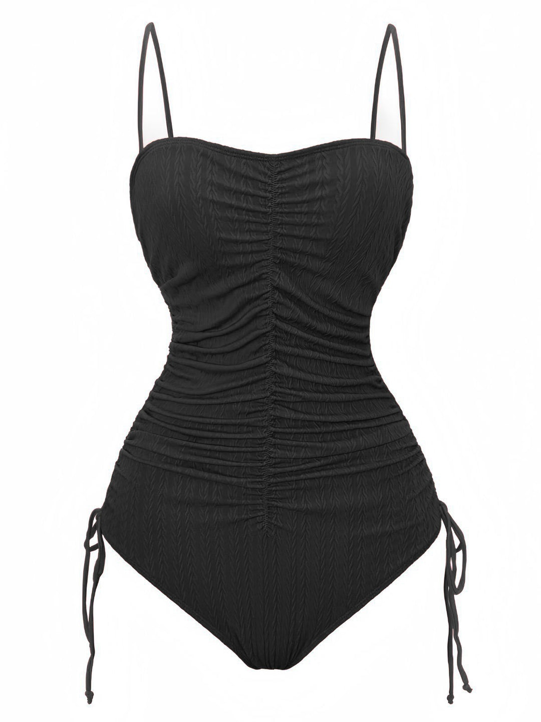 1940s Solid Ruched Spaghetti Strap One-Piece Swimsuit - vintage swimsuit, pin-up style