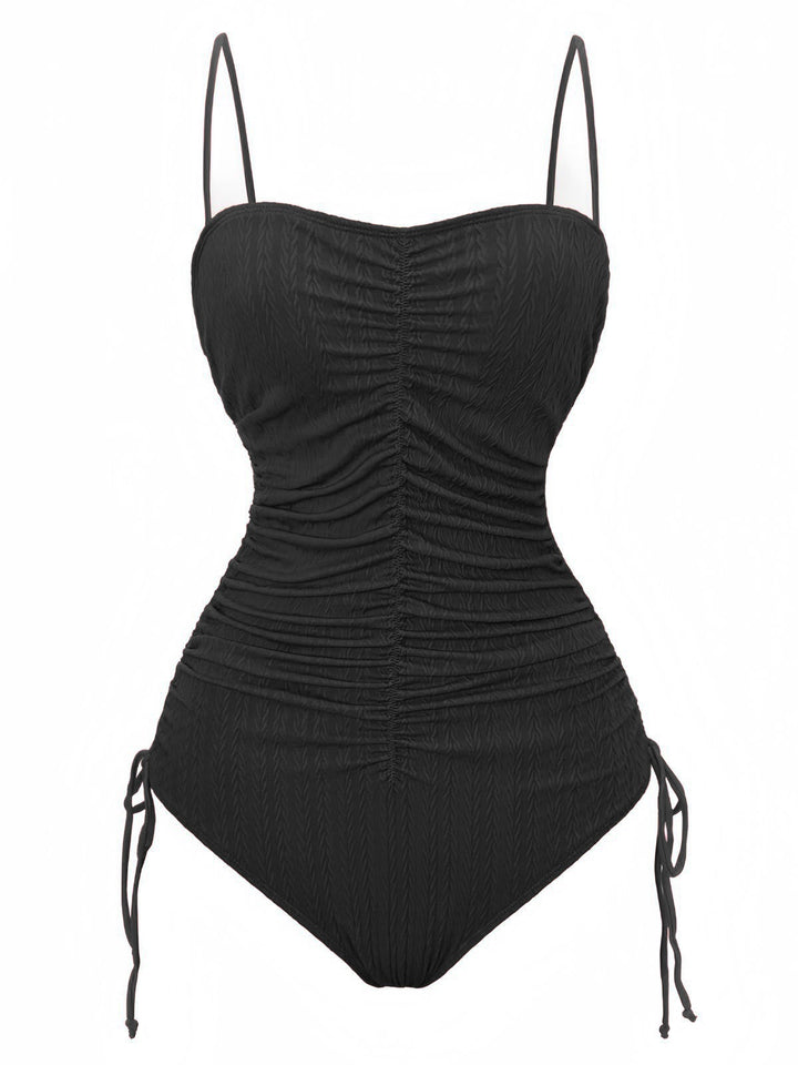 1940s Solid Ruched Spaghetti Strap One-Piece Swimsuit - vintage swimsuit, pin-up style