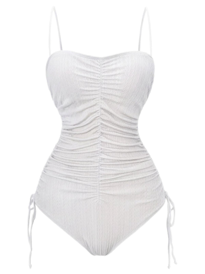 1940s Solid Ruched Spaghetti Strap One-Piece Swimsuit - vintage swimsuit, pin-up style