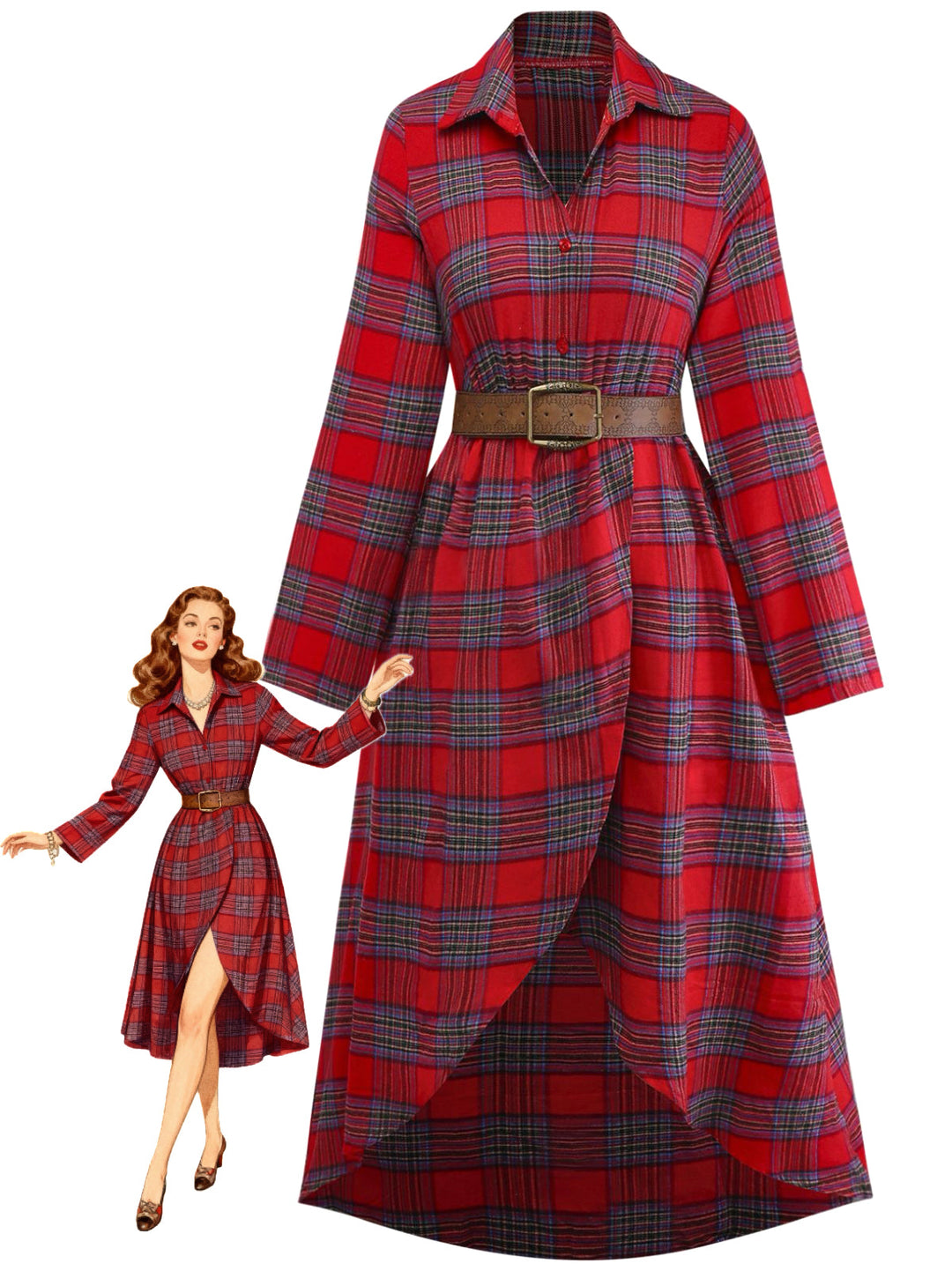 1940s Tartan Plaid Long Sleeve Belted Shirt Dress - vintage dress, retro fashion