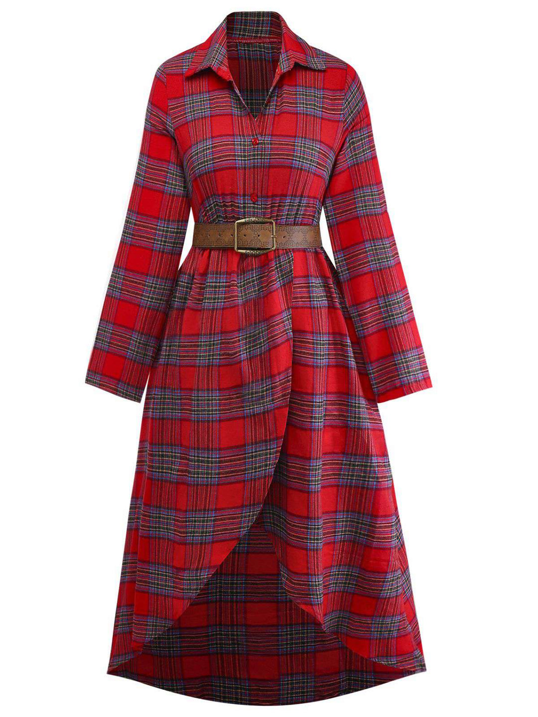 1940s Tartan Plaid Long Sleeve Belted Shirt Dress - vintage dress, retro fashion