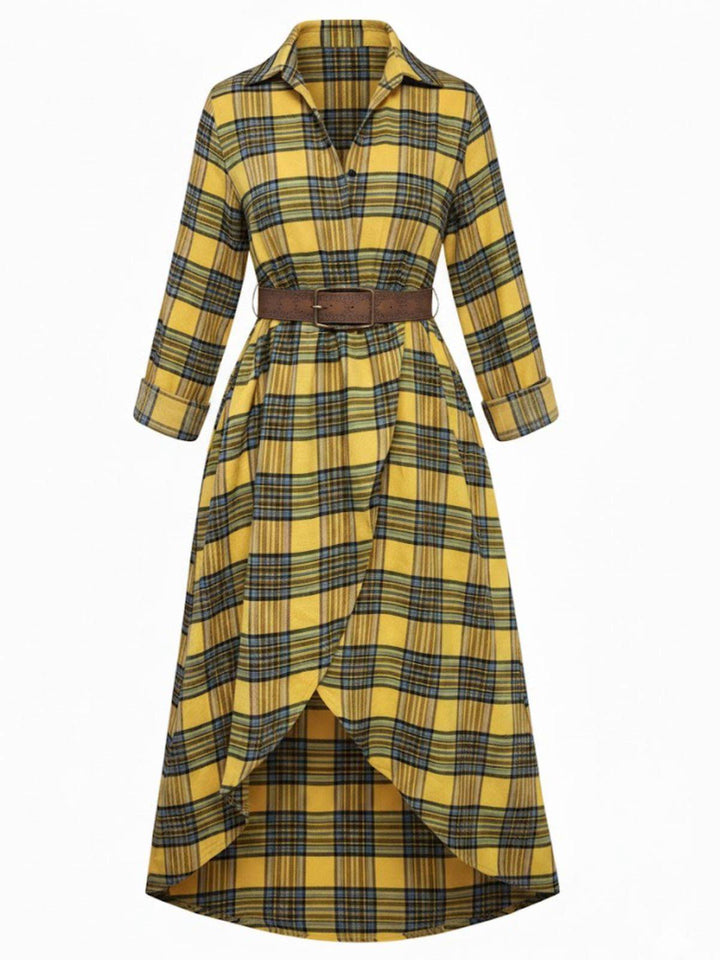 1940s Tartan Plaid Long Sleeve Belted Shirt Dress - vintage dress, retro fashion