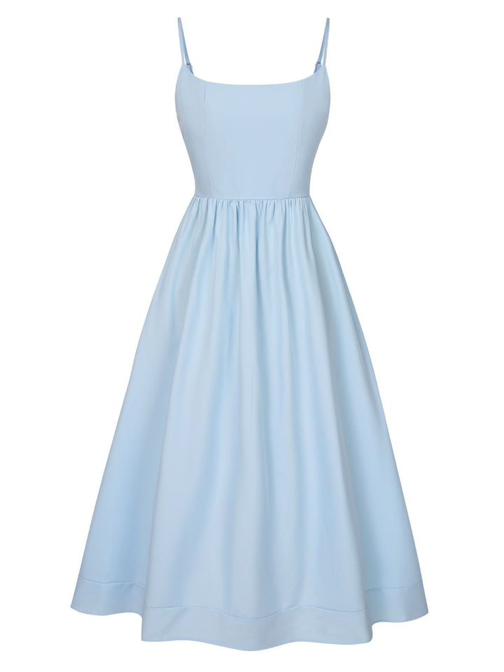 She slips into this 1940s U-Neck Spaghetti Strap Pleated Dress and suddenly it&