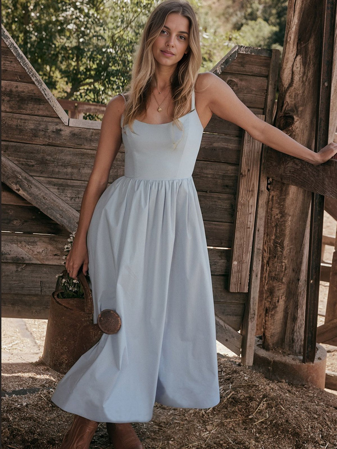She slips into this 1940s U-Neck Spaghetti Strap Pleated Dress and suddenly it&