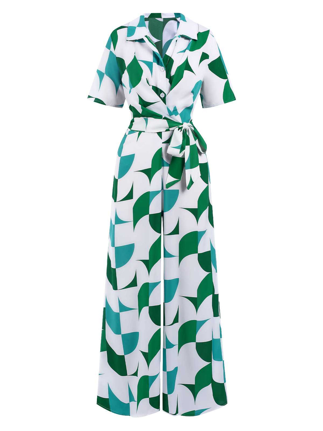 She adds this 1940s V-Neck Contrast Print Belted Jumpsuit and suddenly it&