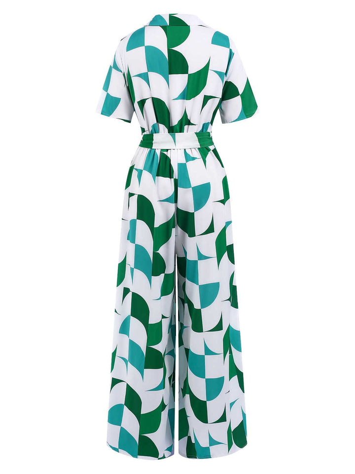 1940s V-Neck Contrast Print Belted Jumpsuit: 1940s detail work for the woman who notices