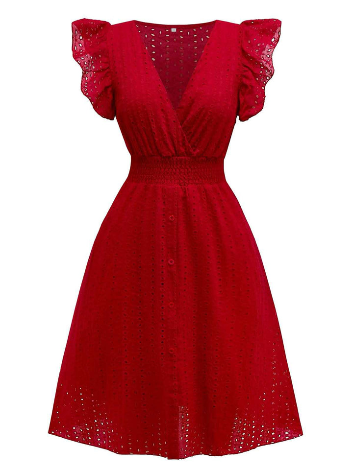1940s V-Neck Cutout Cotton Smocked Ruffled Dress - vintage dress, retro fashion