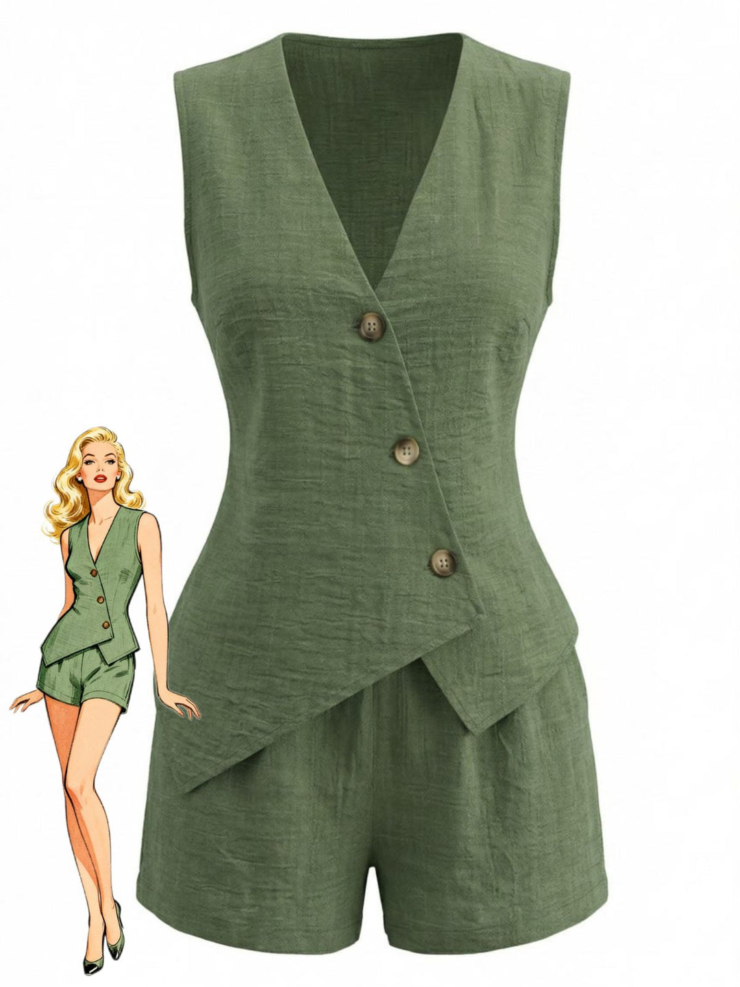 1940s V-Neck Lace-Up Vest &amp; Shorts Set - vintage outerwear, retro jacket, classic elegance for vintage lovers