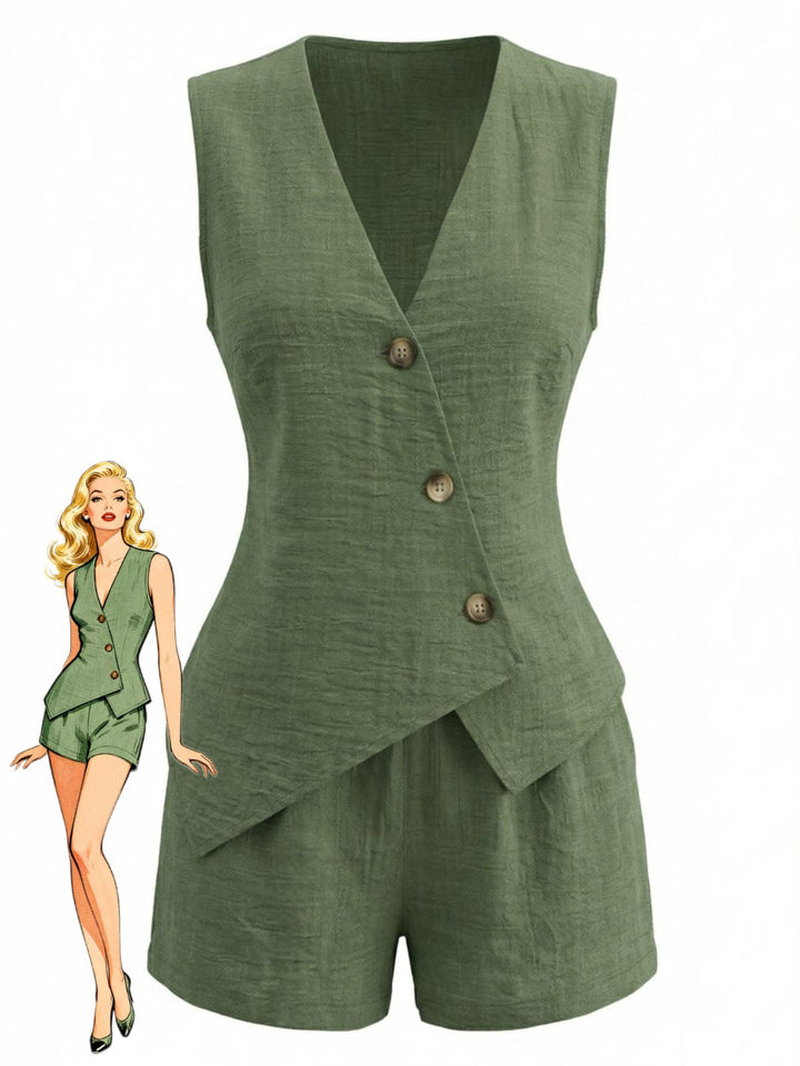 1940s V-Neck Lace-Up Vest &amp; Shorts Set - vintage outerwear, retro jacket, classic elegance for vintage lovers