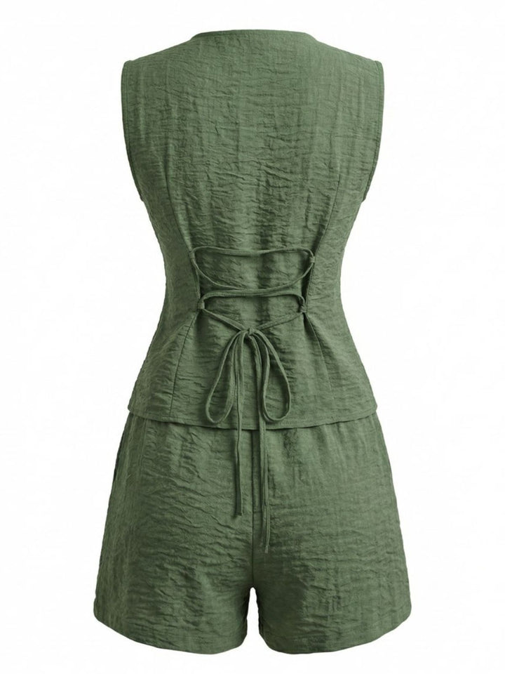 1940s V-Neck Lace-Up Vest &amp; Shorts Set | vintage outerwear, retro jacket, classic elegance - perfect for retro fashion enthusiasts