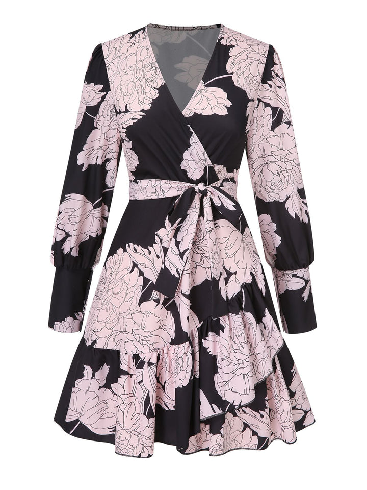 She slips into this 1940s V-Neck Peony Floral Belted Dress and suddenly it&