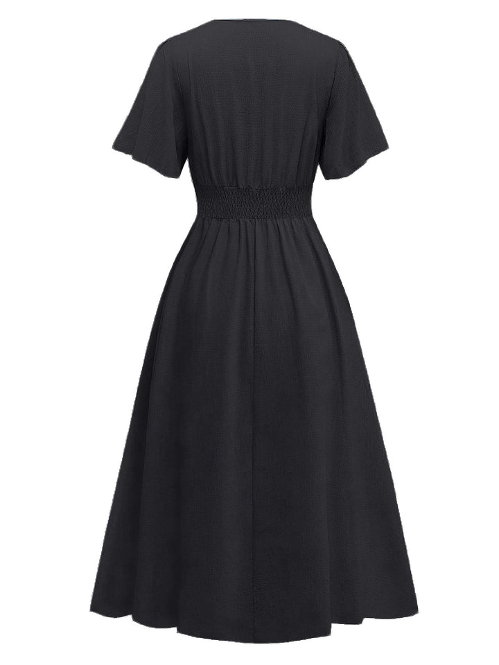 1940s V-Neck Ruffled Sleeve Slit Dress - vintage dress, retro fashion