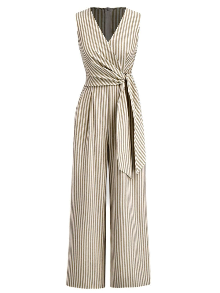 1940s V-Neck Striped Tie-Waist Sleeveless Jumpsuit - vintage jumpsuit, retro fashion