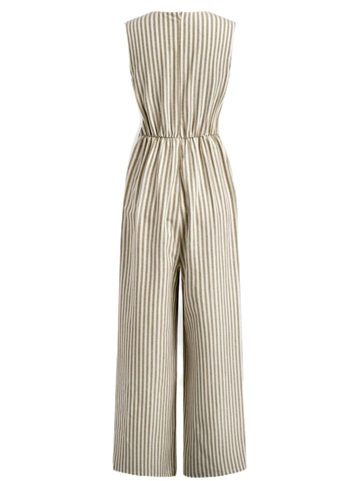 1940s V-Neck Striped Tie-Waist Sleeveless Jumpsuit - vintage jumpsuit, retro fashion