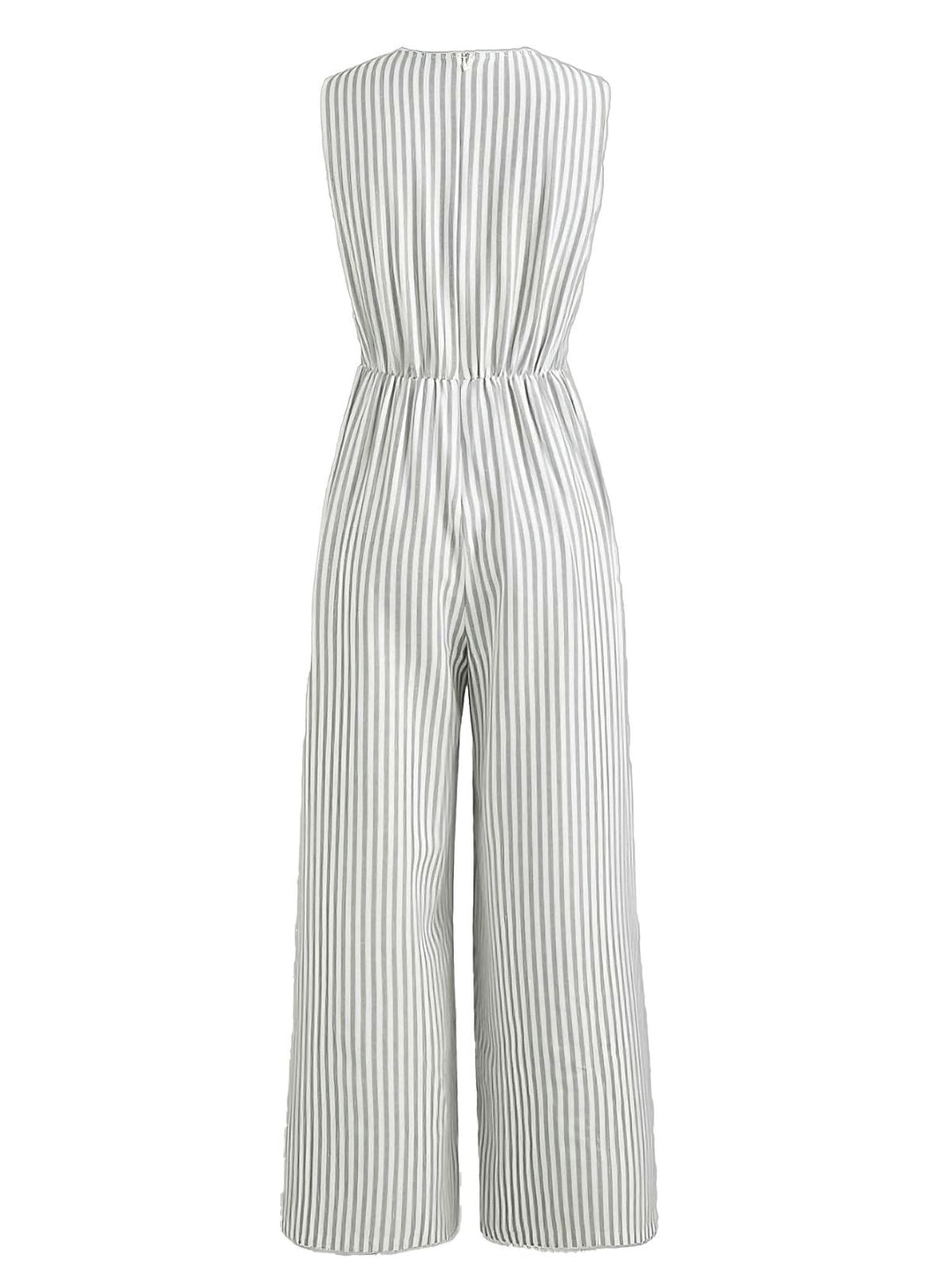 1940s V-Neck Striped Tie-Waist Sleeveless Jumpsuit - vintage jumpsuit, retro fashion
