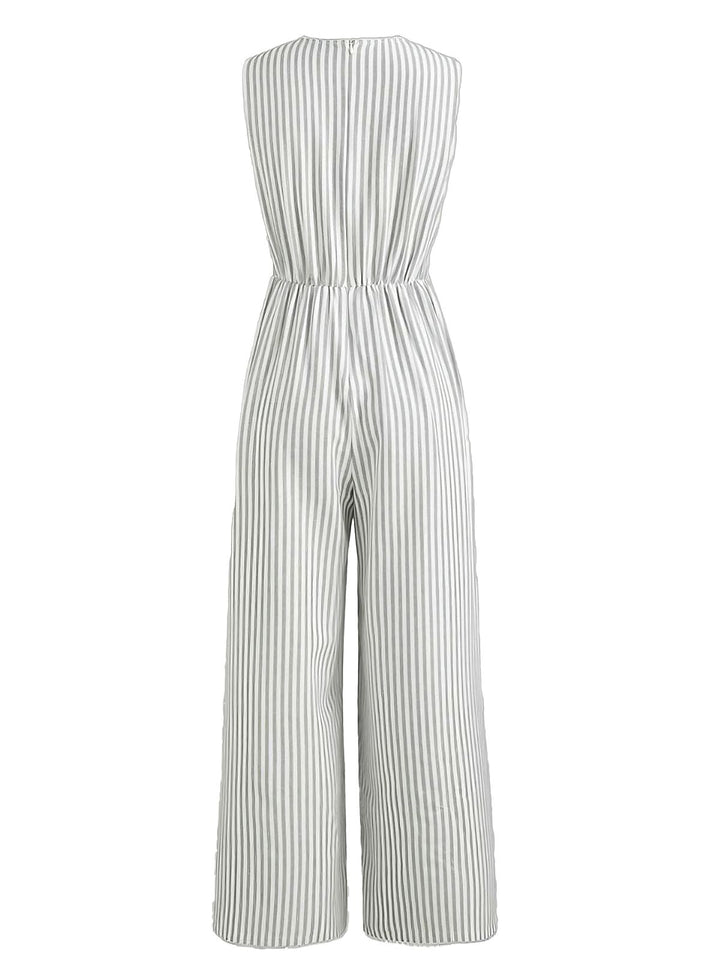 1940s V-Neck Striped Tie-Waist Sleeveless Jumpsuit - vintage jumpsuit, retro fashion