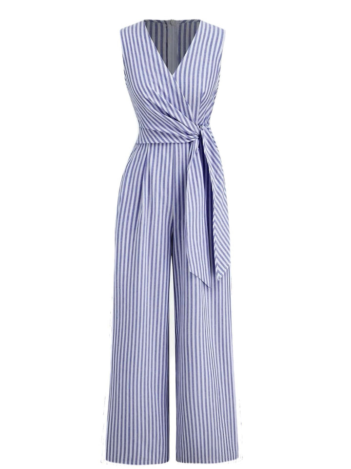 1940s V-Neck Striped Tie-Waist Sleeveless Jumpsuit - vintage jumpsuit, retro fashion