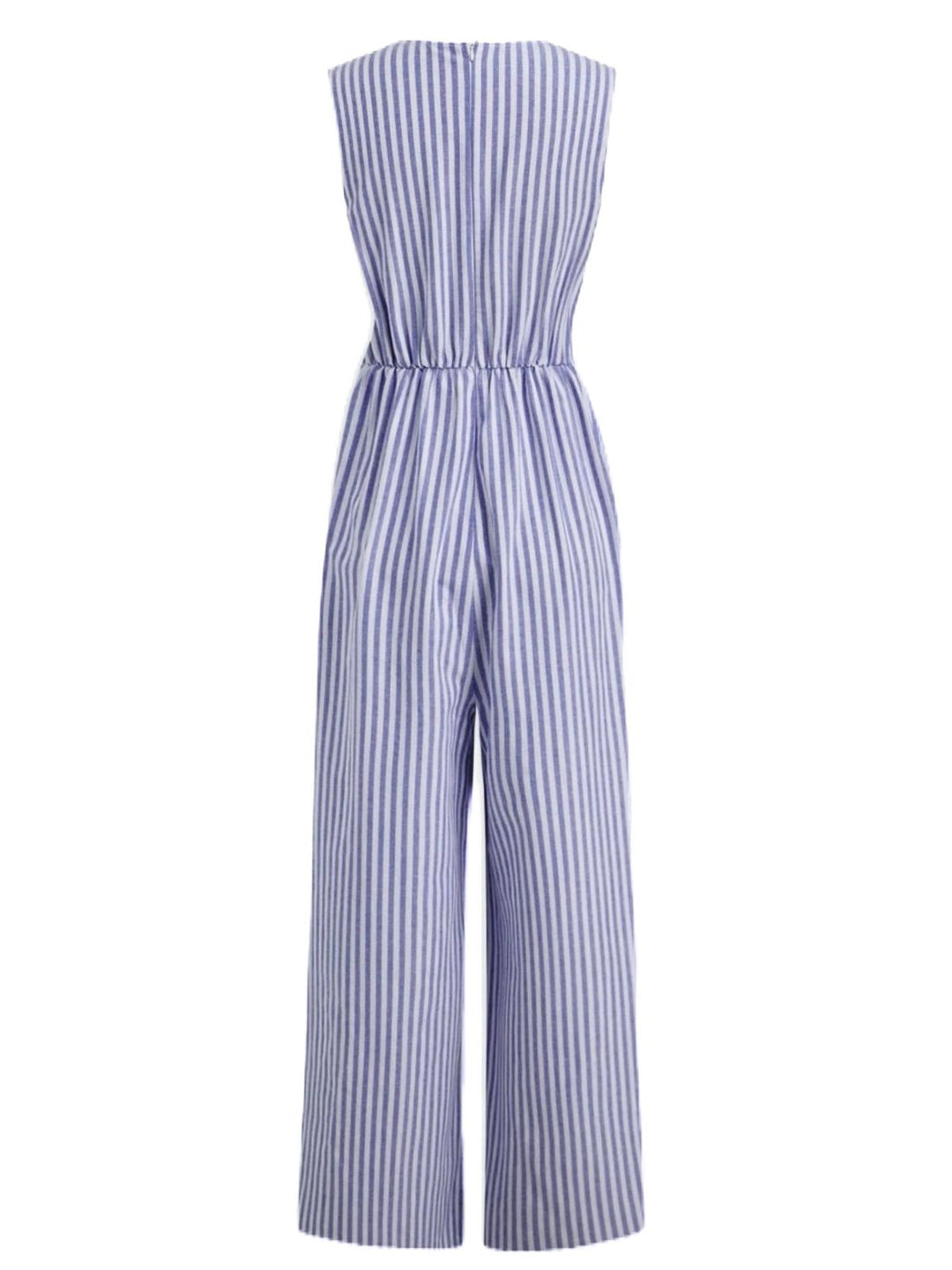 1940s V-Neck Striped Tie-Waist Sleeveless Jumpsuit - vintage jumpsuit, retro fashion
