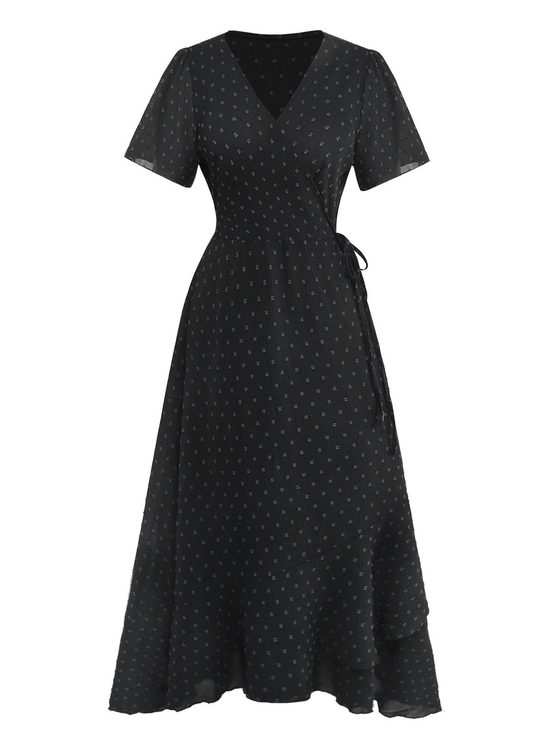 1940s V-Neck Textured Ruffle Hem Wrap Dress, vintage dress, retro fashion - perfect for women who love vintage and retro fashion