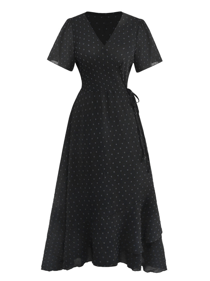 1940s V-Neck Textured Ruffle Hem Wrap Dress, vintage dress, retro fashion - perfect for women who love vintage and retro fashion