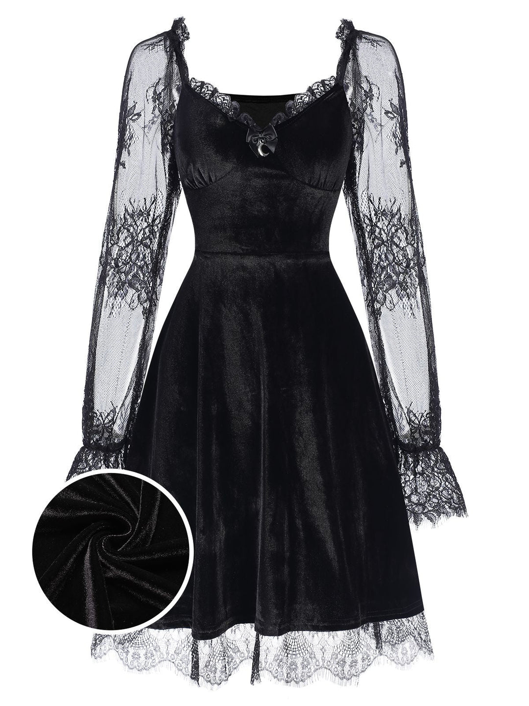 1940s Velvet Lace Flared Patchwork Dress, vintage dress, retro fashion, lace detail - perfect for women who love vintage and retro fashion