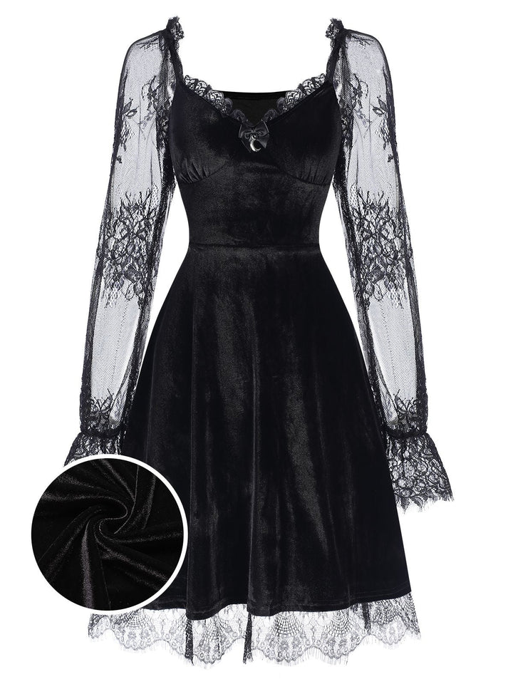 1940s Velvet Lace Flared Patchwork Dress, vintage dress, retro fashion, lace detail - perfect for women who love vintage and retro fashion