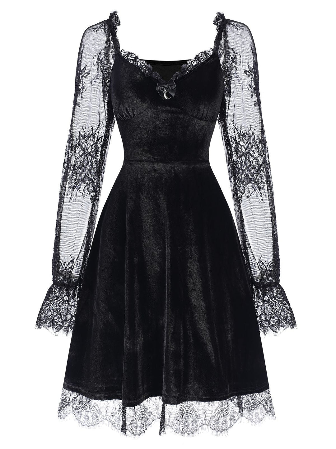 1940s Velvet Lace Flared Patchwork Dress, vintage dress, retro fashion, lace detail - perfect for women who love vintage and retro fashion