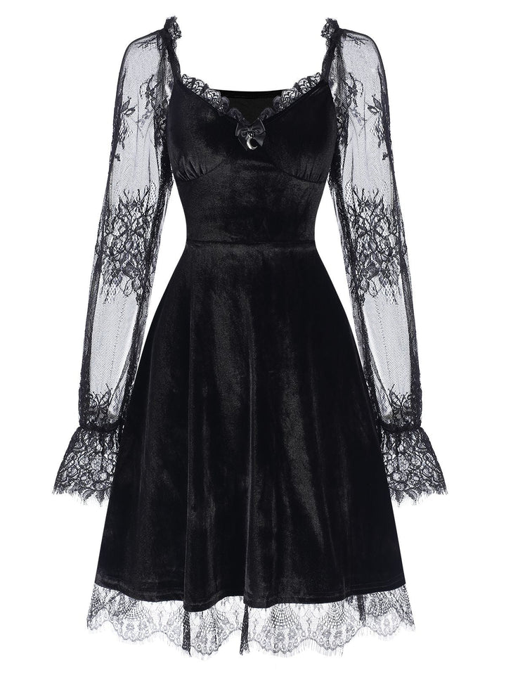 1940s Velvet Lace Flared Patchwork Dress, vintage dress, retro fashion, lace detail - perfect for women who love vintage and retro fashion