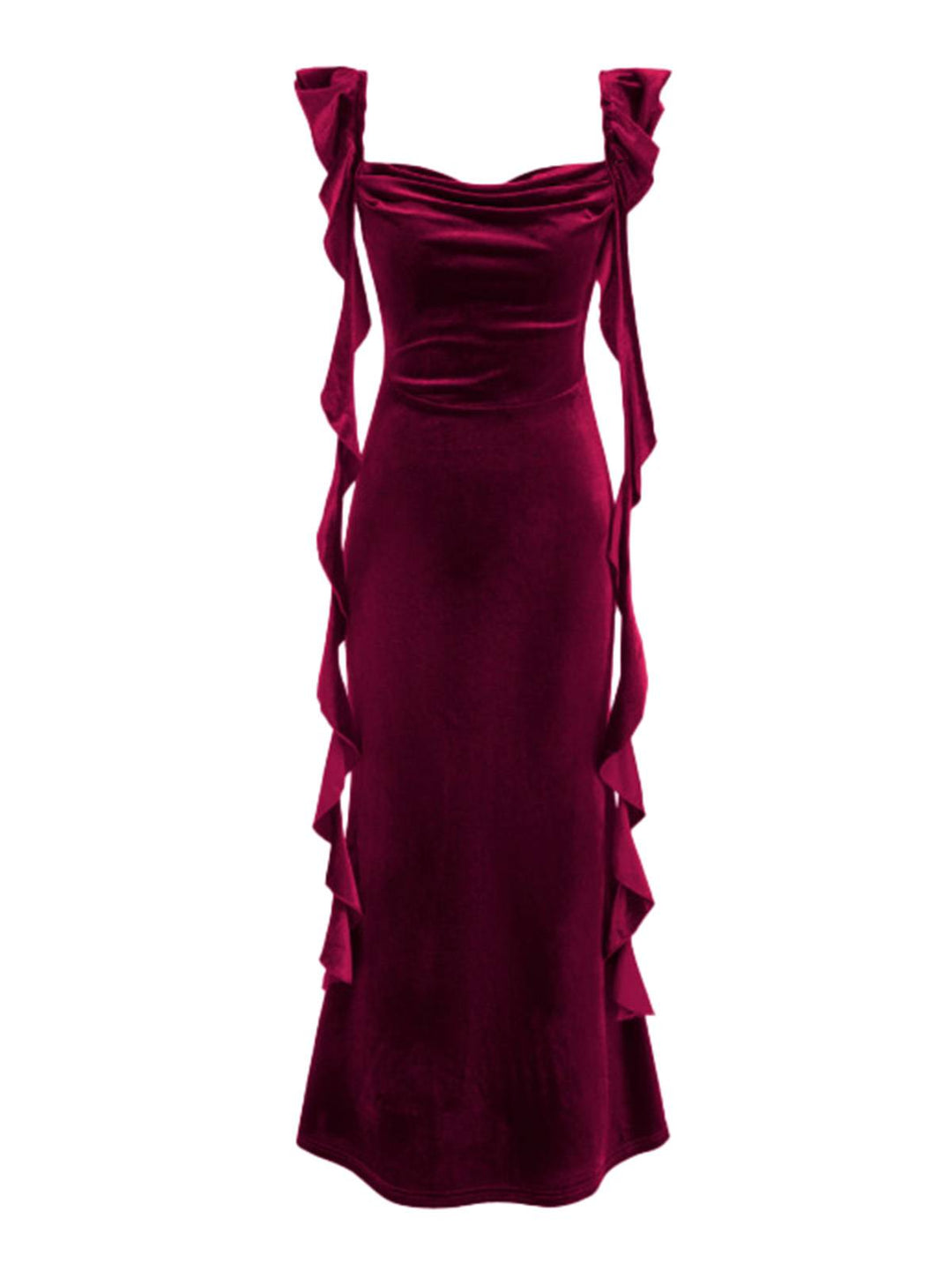 1940s Velvet Ribbon Strap Ruffled Detail Dress - vintage dress, retro fashion