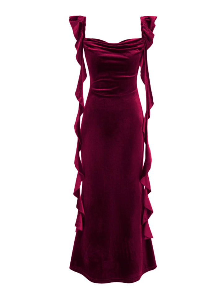 1940s Velvet Ribbon Strap Ruffled Detail Dress - vintage dress, retro fashion