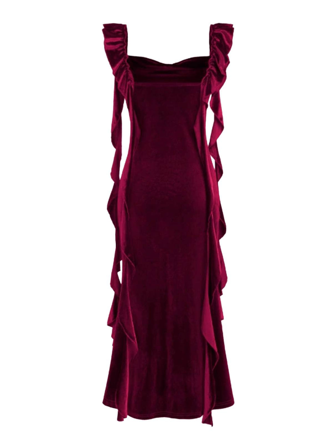 1940s Velvet Ribbon Strap Ruffled Detail Dress - vintage dress, retro fashion