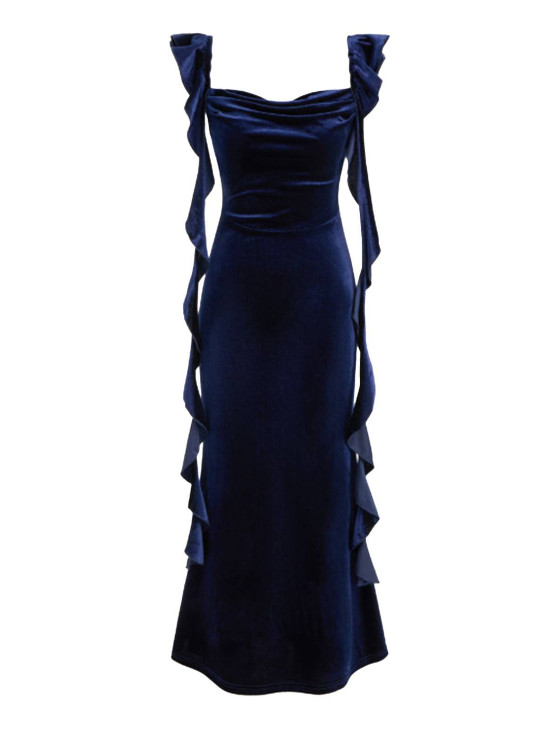 1940s Velvet Ribbon Strap Ruffled Detail Dress - vintage dress, retro fashion