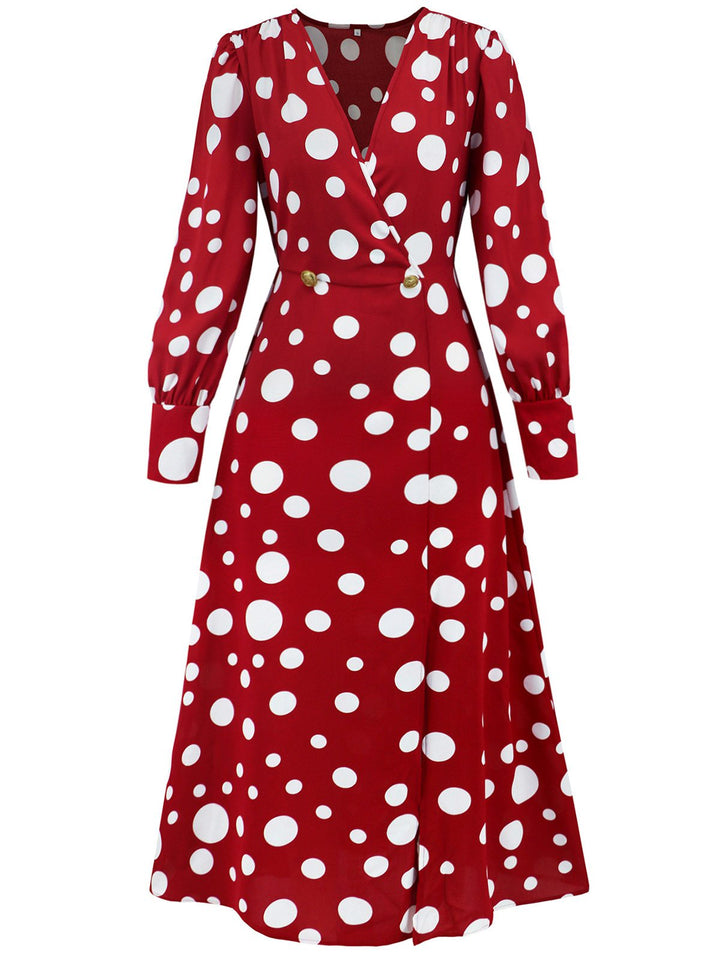 She slips into this 1940s Vintage Polka Dots Long Sleeve Slit Dress and suddenly it&