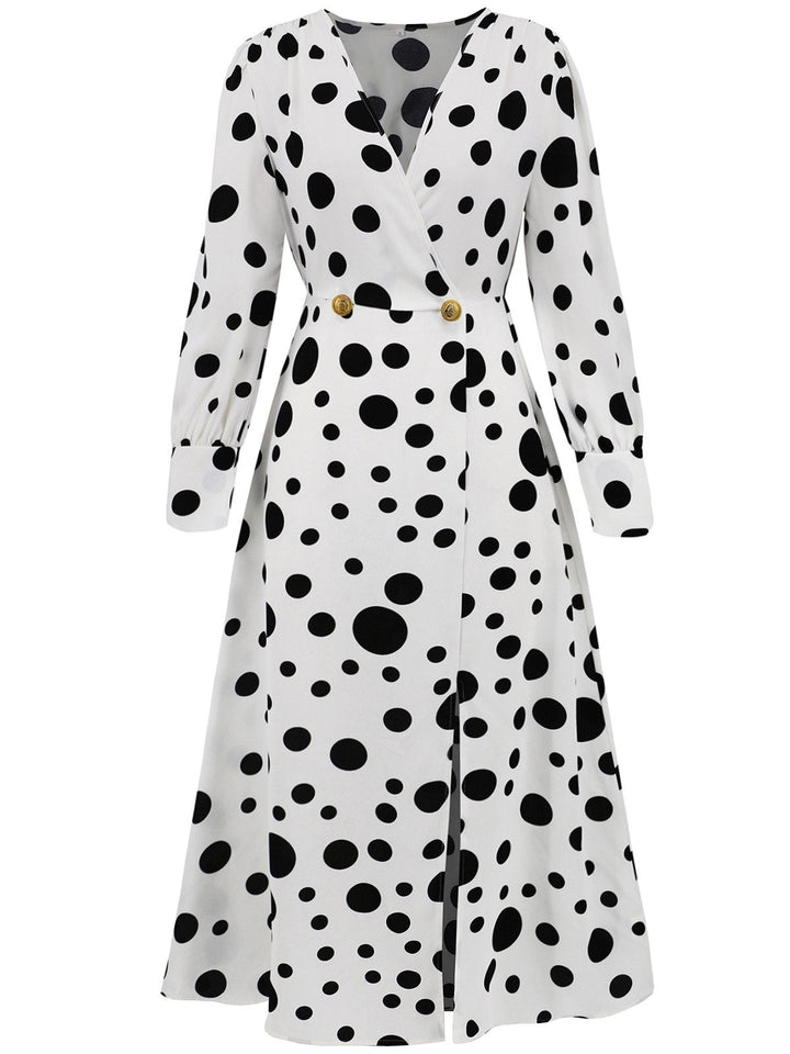1940s Vintage Polka Dots Long Sleeve Slit Dress — a 1940s silhouette that turns sidewalks into runways