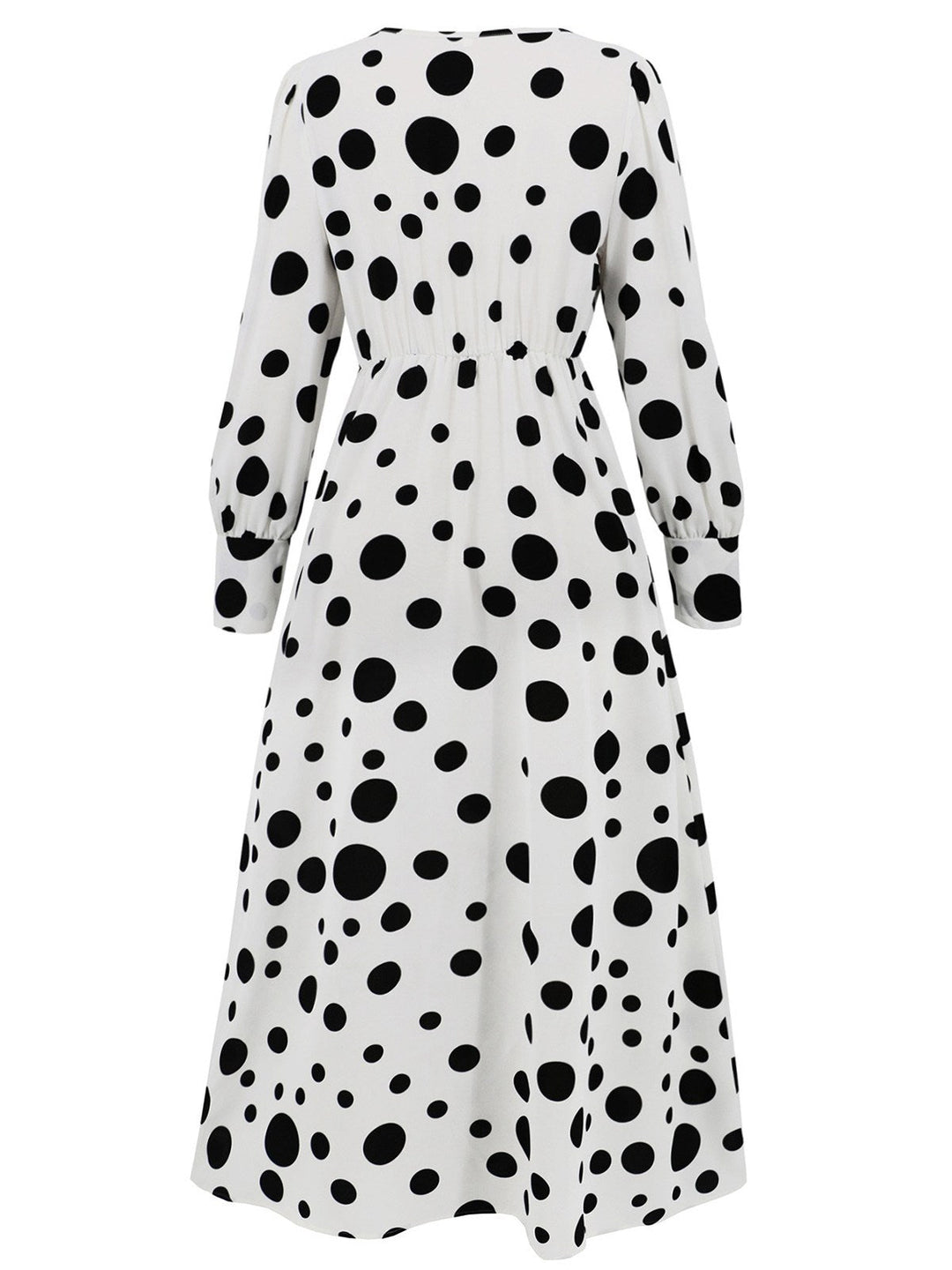 She slips into this 1940s Vintage Polka Dots Long Sleeve Slit Dress and suddenly it&