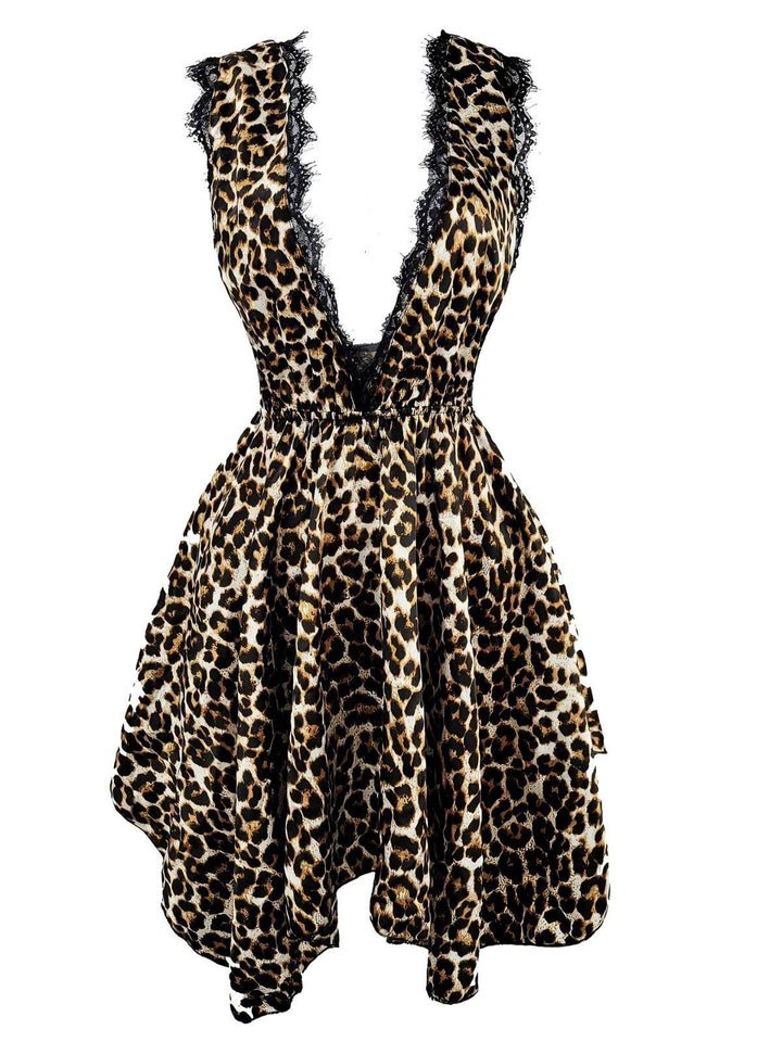 Lace Trim Leopard Print Satin Deep V Nightgown - vintage nightgown, retro sleepwear