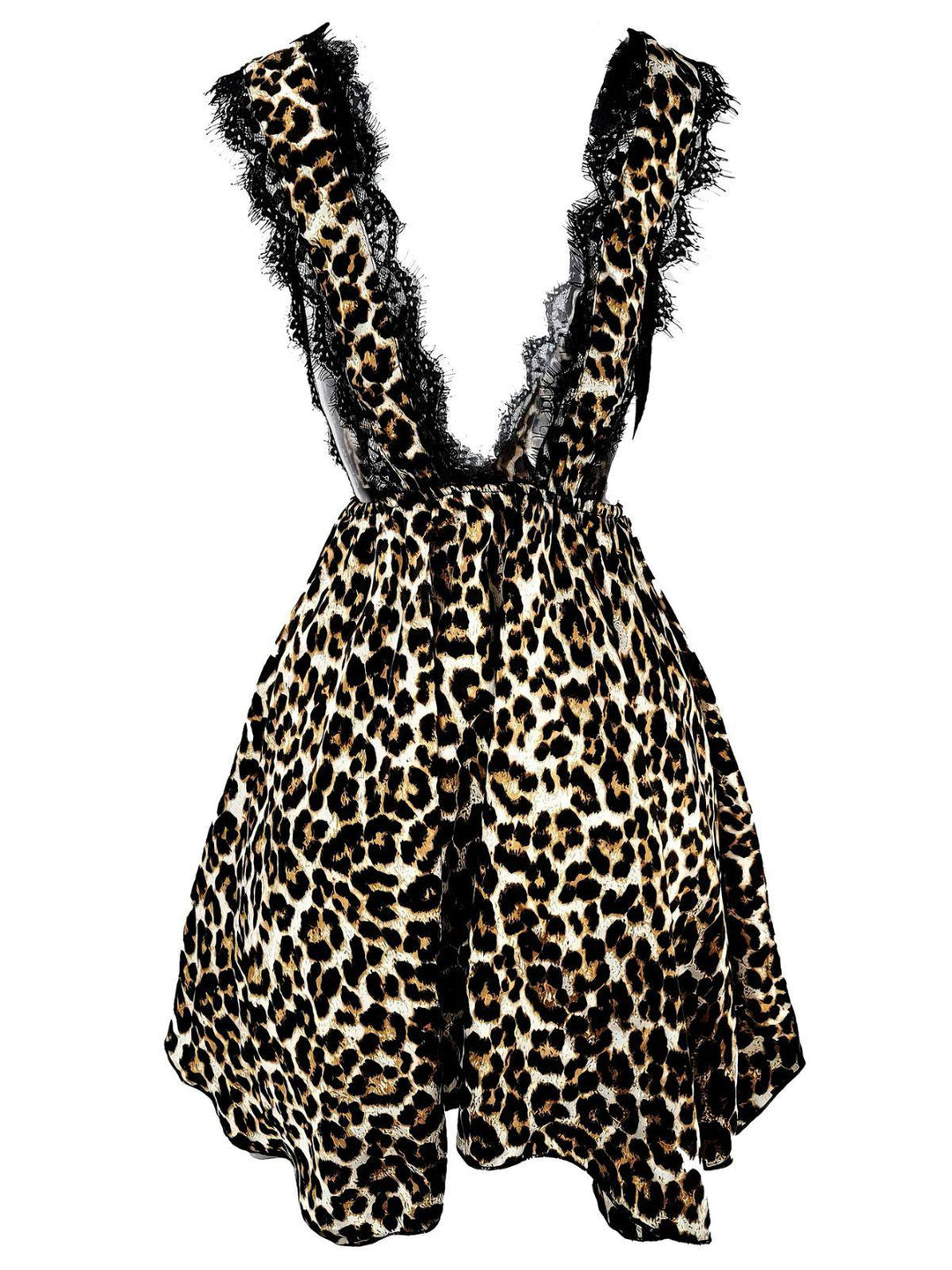 Lace Trim Leopard Print Satin Deep V Nightgown - vintage nightgown, retro sleepwear