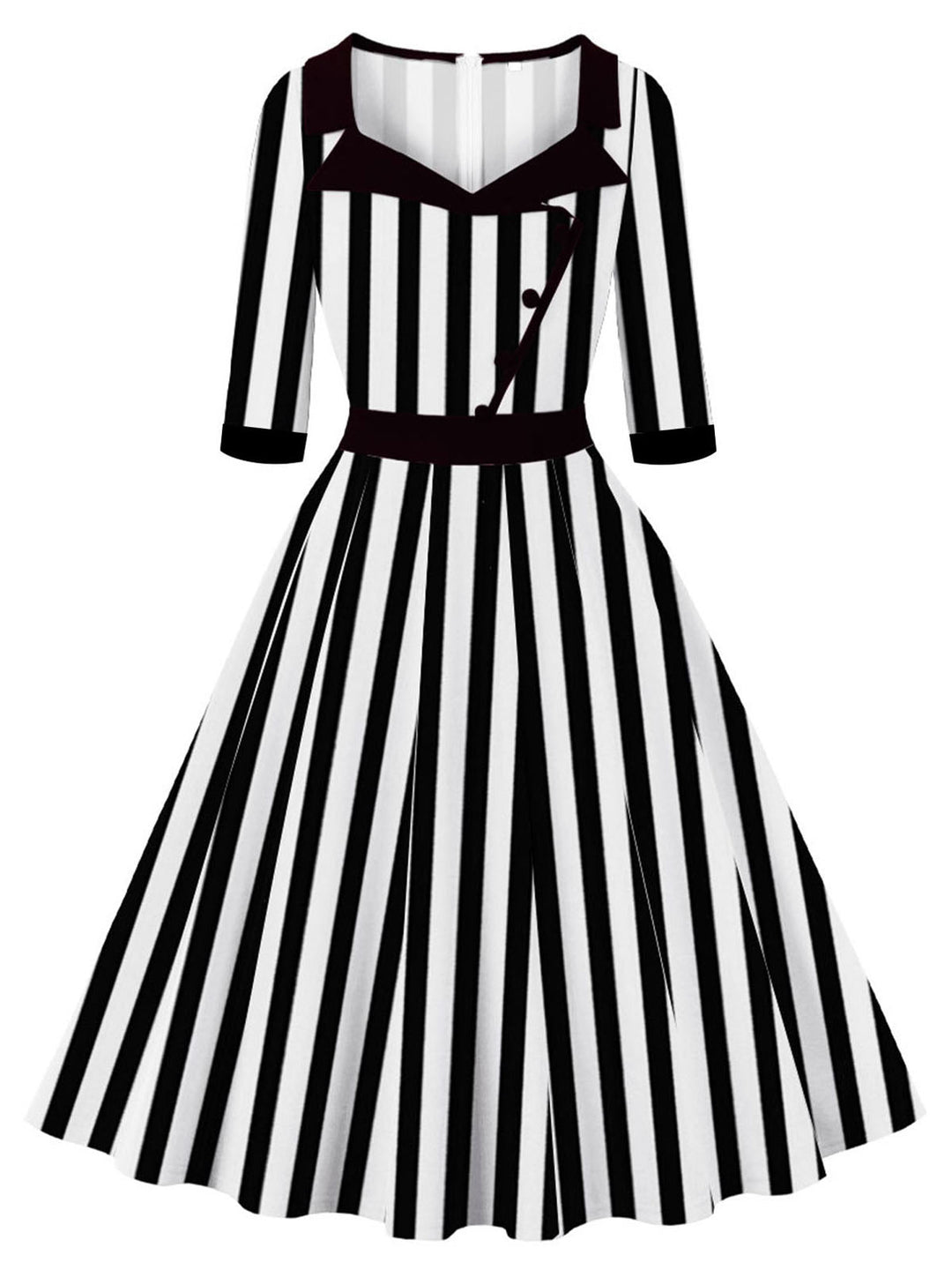 She slips into this 1950S Lapel Black &amp; White Stripes Dress and suddenly it&
