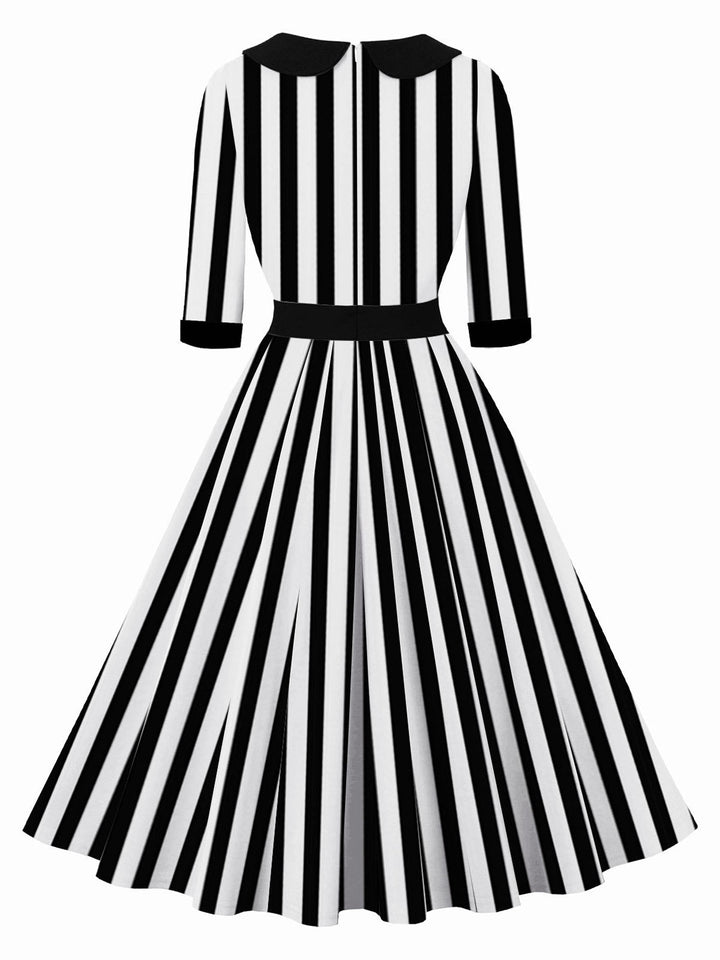 1950S Lapel Black &amp; White Stripes Dress: where 1950s romance meets her modern spirit