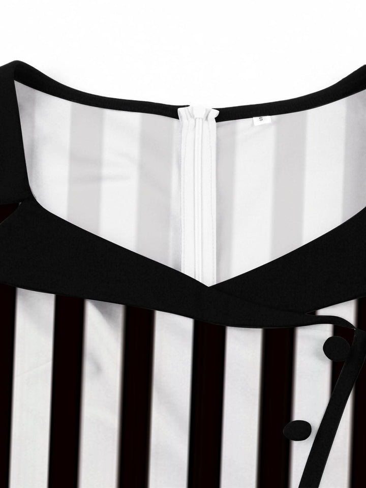 1950S Lapel Black &amp; White Stripes Dress — a 1950s silhouette that turns sidewalks into runways