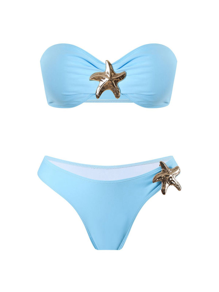 2PCS Blue 1950s Solid Starfish Bandeau Bikini Set &amp; Cover Up - vintage fashion, retro style
