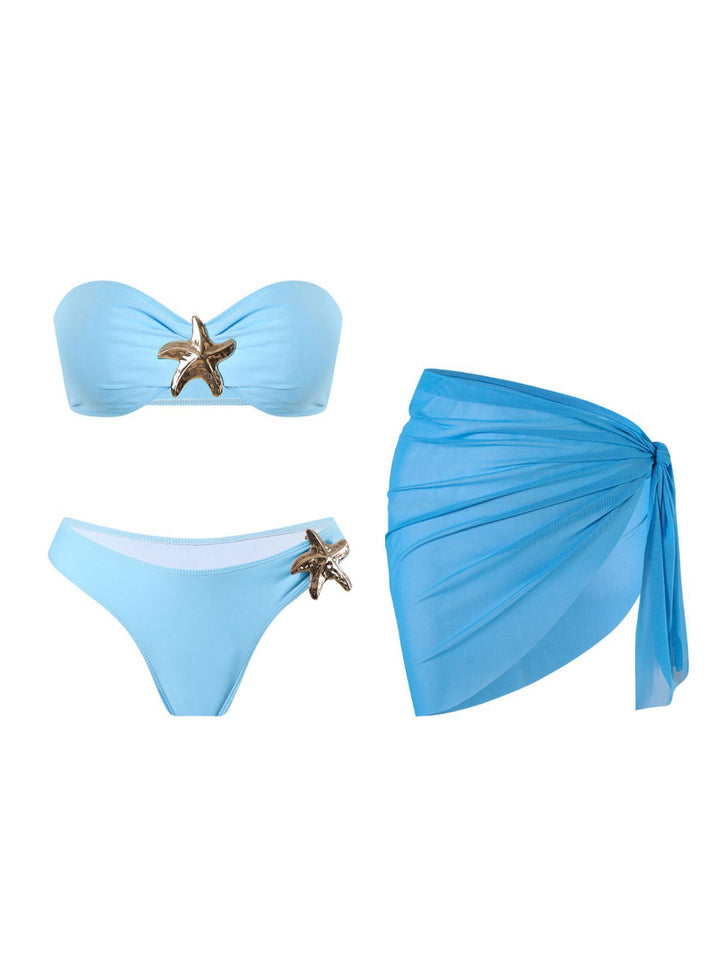2PCS Blue 1950s Solid Starfish Bandeau Bikini Set &amp; Cover Up - vintage fashion, retro style