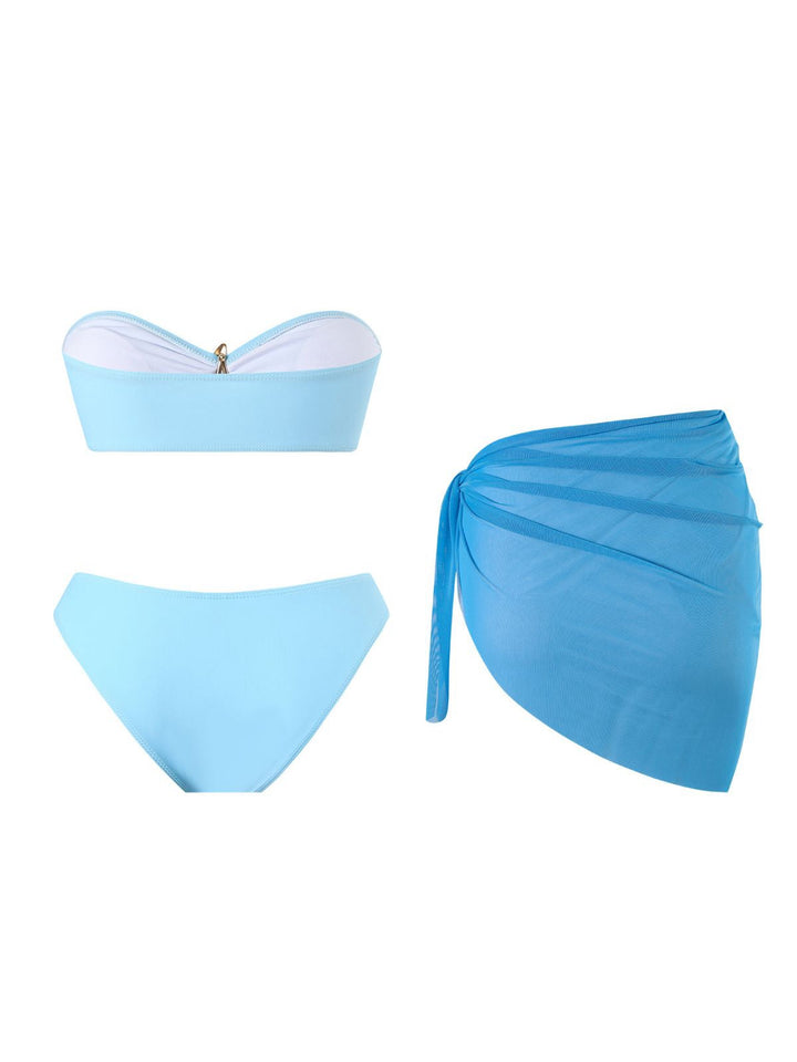 2PCS Blue 1950s Solid Starfish Bandeau Bikini Set &amp; Cover Up - vintage fashion, retro style