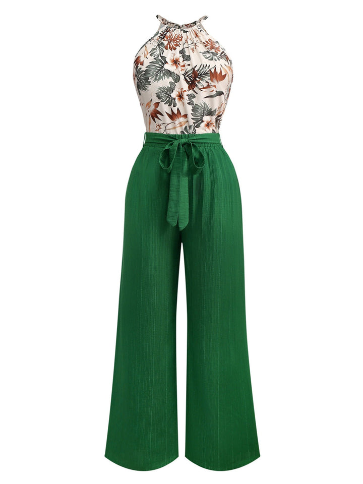 2PCS Green 1950s Tropical Plants Halter Top &amp; Textured Pants - vintage fashion, retro style, elegant red